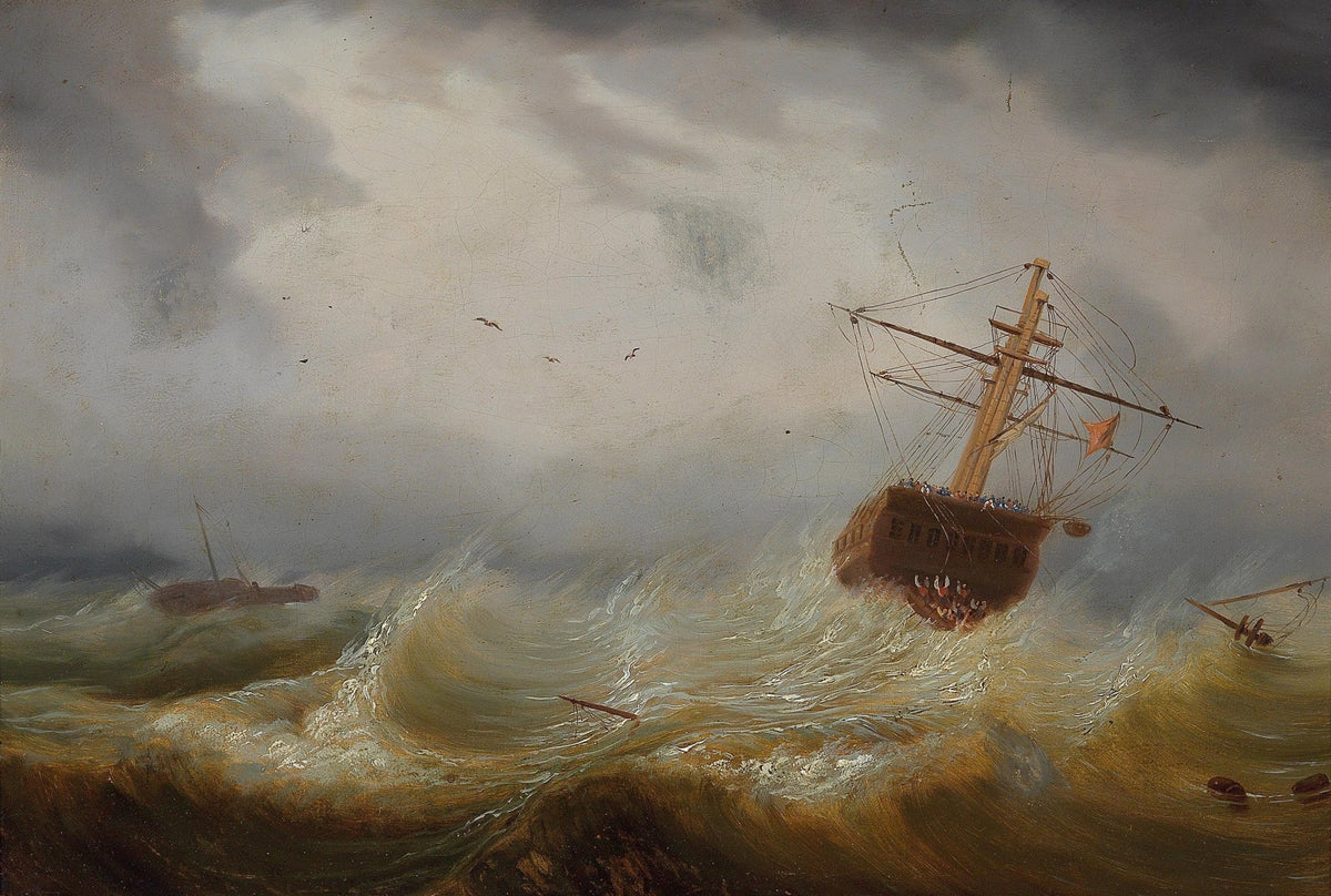 Hand-painted ship in tempest seas nautical oil painting on canvas