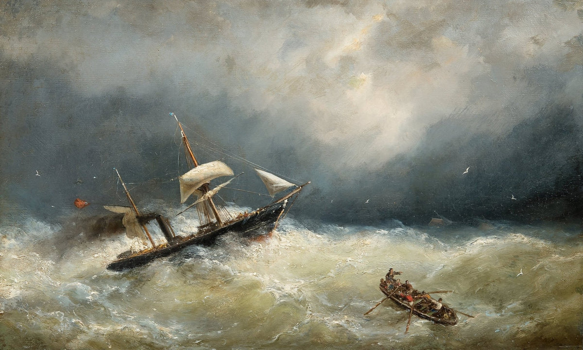 Hand-painted shipwreck in stormy seas nautical oil painting on canvas