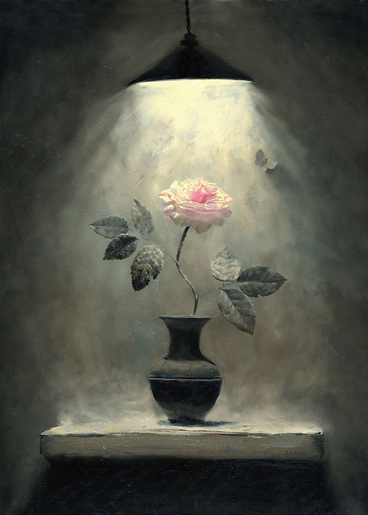 Single Rose in Vase Under Light– Floral Oil Painting - Oil Painting Haven