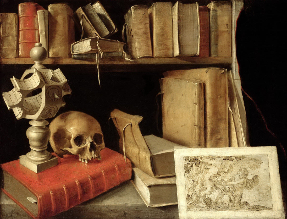 Skull, Books and Scientific Instrument - Still Life Oil Painting - Oil Painting Haven