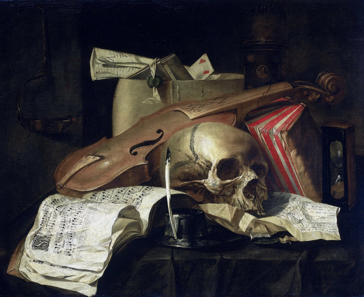 Skull, Violin and Music Sheets - Still Life Oil Painting - Oil Painting Haven