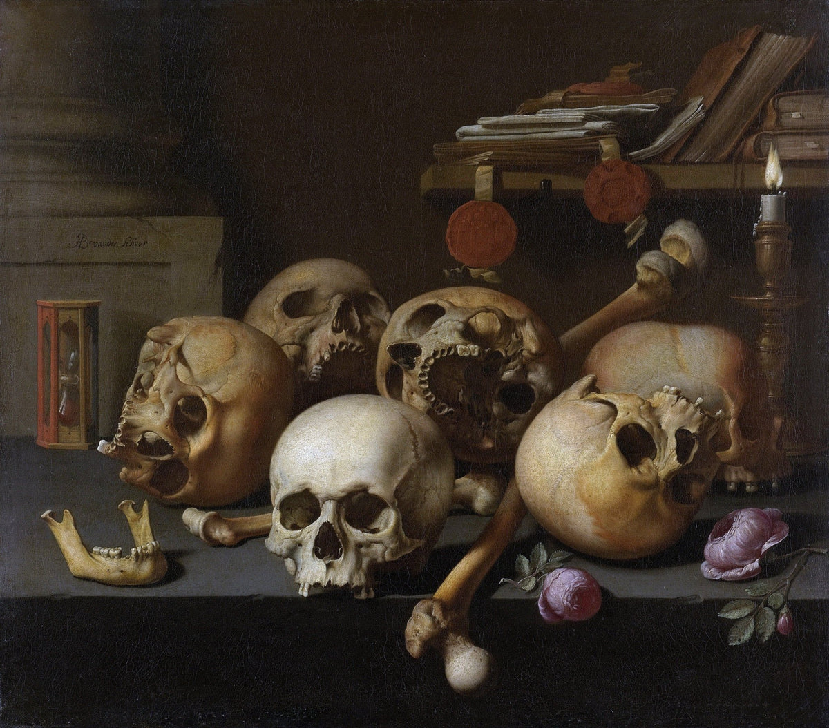 Skulls, Candle and Hourglass Vanitas - Still Life Oil Painting - Oil Painting Haven