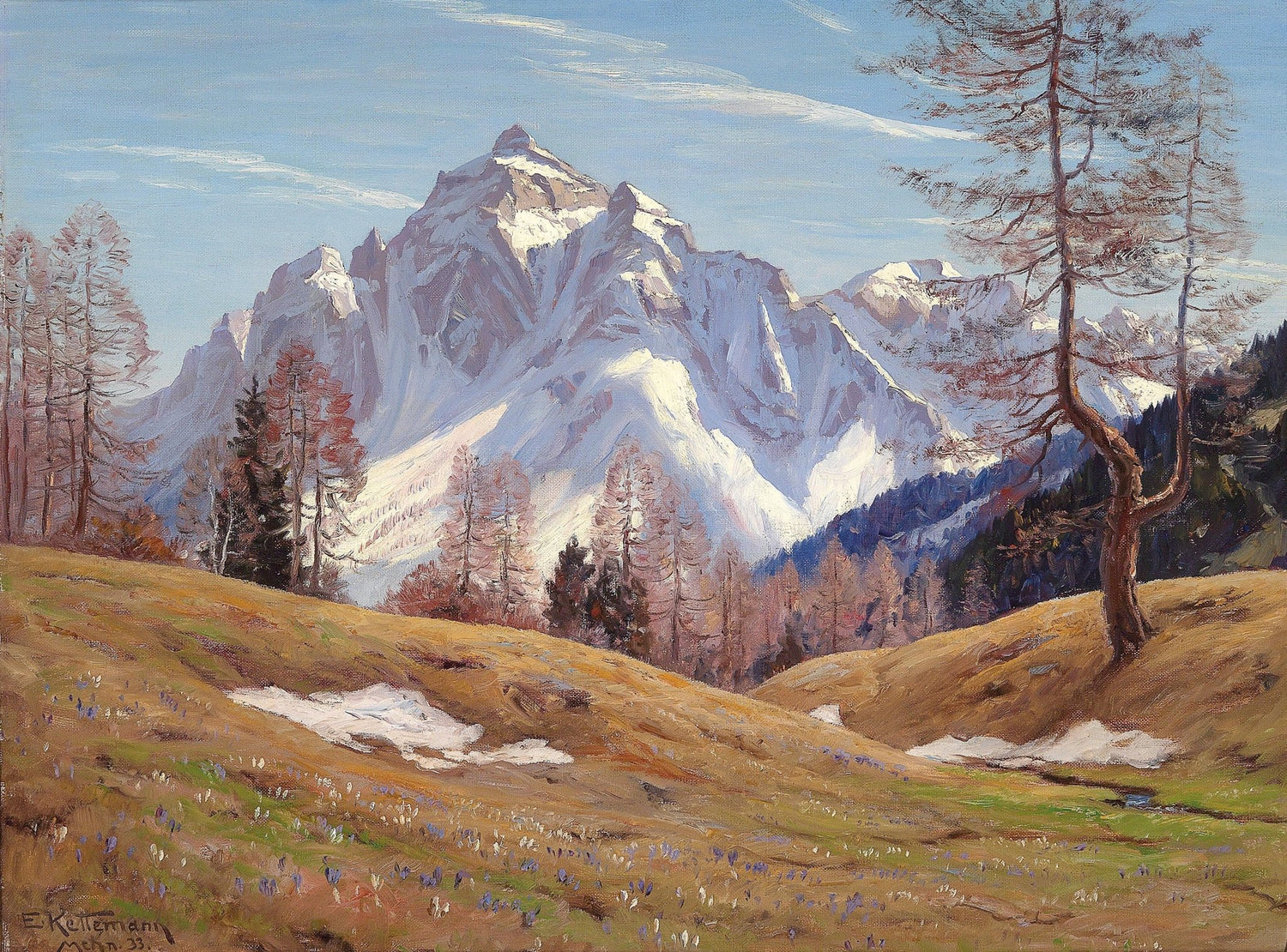 Snow - Capped Alpine Mountain, Meadow in Spring – Landscape Oil Painting - Oil Painting Haven