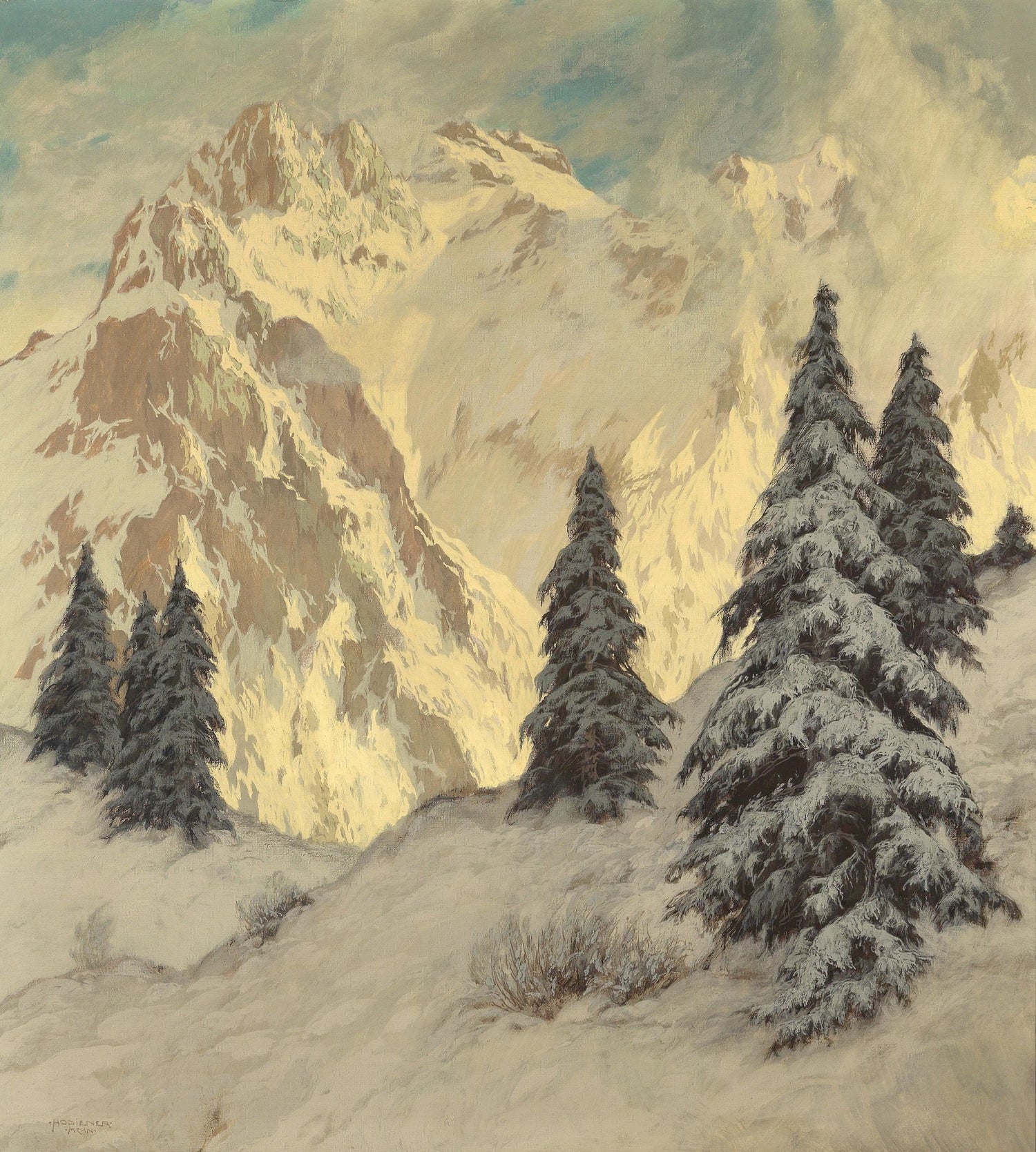 Snow - Capped Alpine Mountains, Pine Trees – Hand - Painted Oil Painting - Oil Painting Haven
