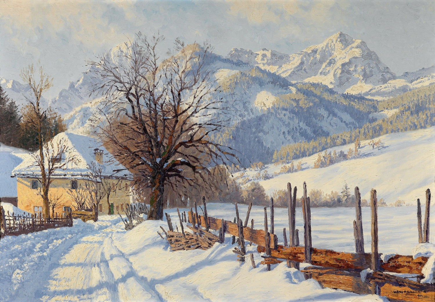 Snowy Alpine Farmhouse and Mountain View – Landscape Oil Painting - Oil Painting Haven