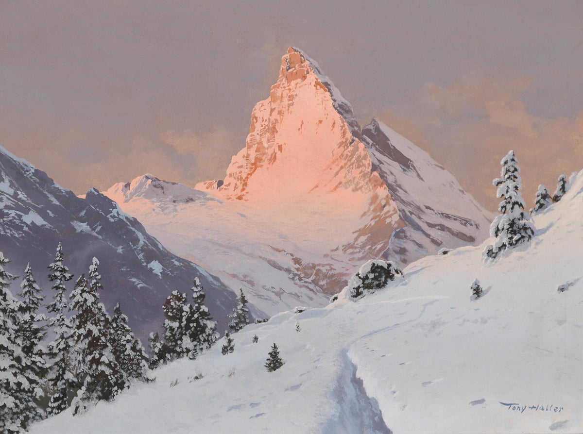 Hand painted landscape oil painting of a snowy alpine peak glowing pink at sunrise, textured brushwork on canvas. - Add Frame, Alpine, Canvas, Forest, Hand Painted, Landscape, Made To Order, Mountain, Oil Painting, Sunrise, Winter