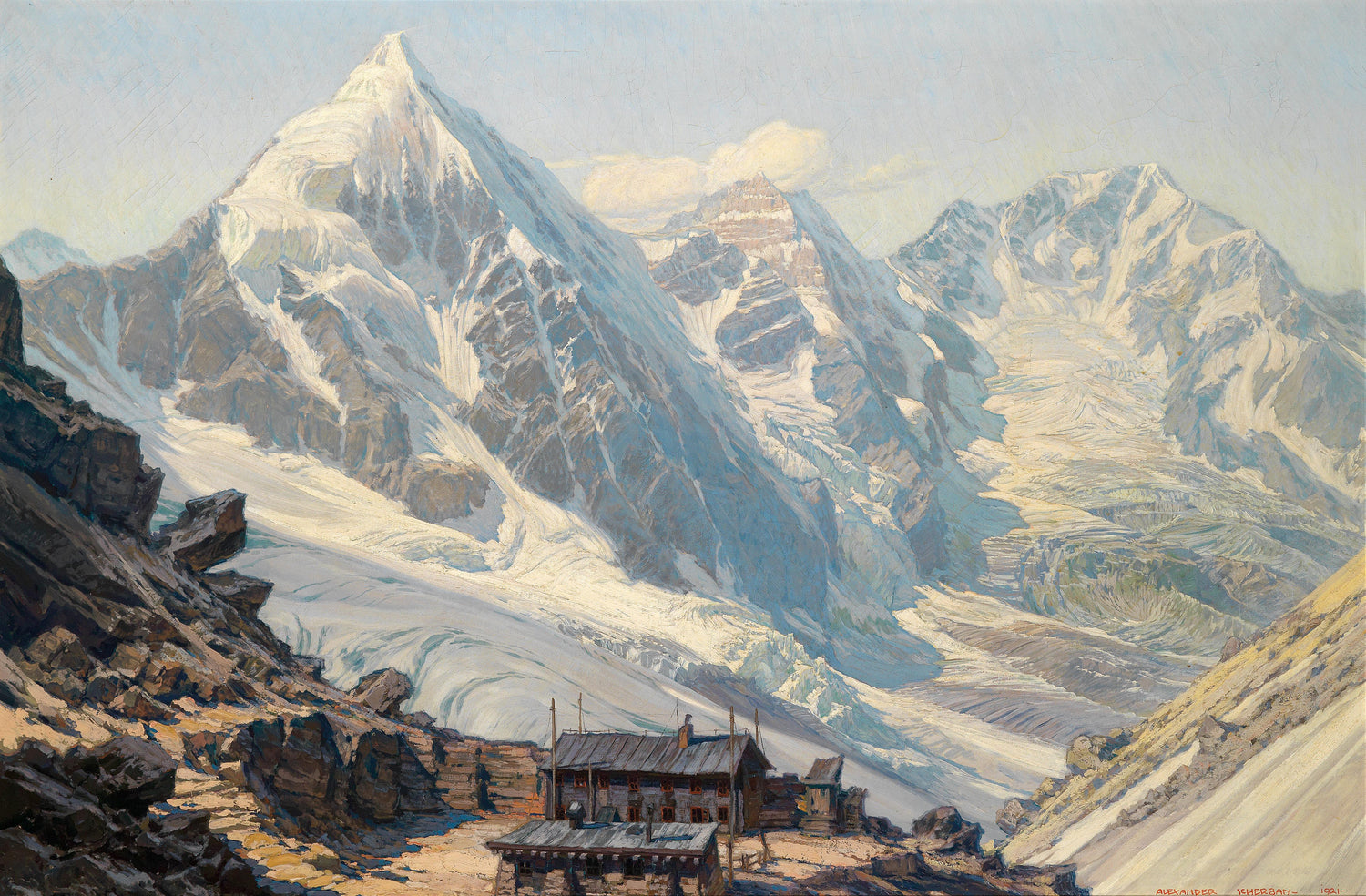 Snowy Alpine Peaks with Mountain Lodge | Hand - Painted Oil Painting - Oil Painting Haven