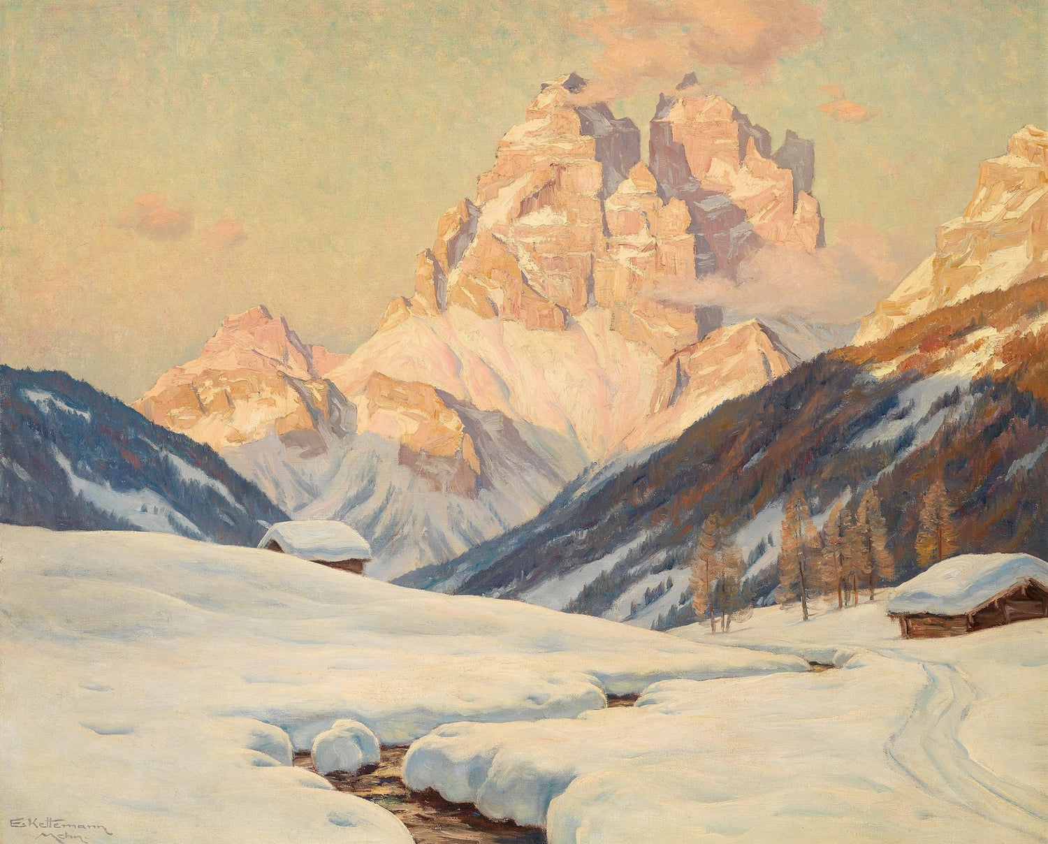 Snowy Alpine Valley at Sunrise – Hand - Painted Landscape Oil Painting - Oil Painting Haven