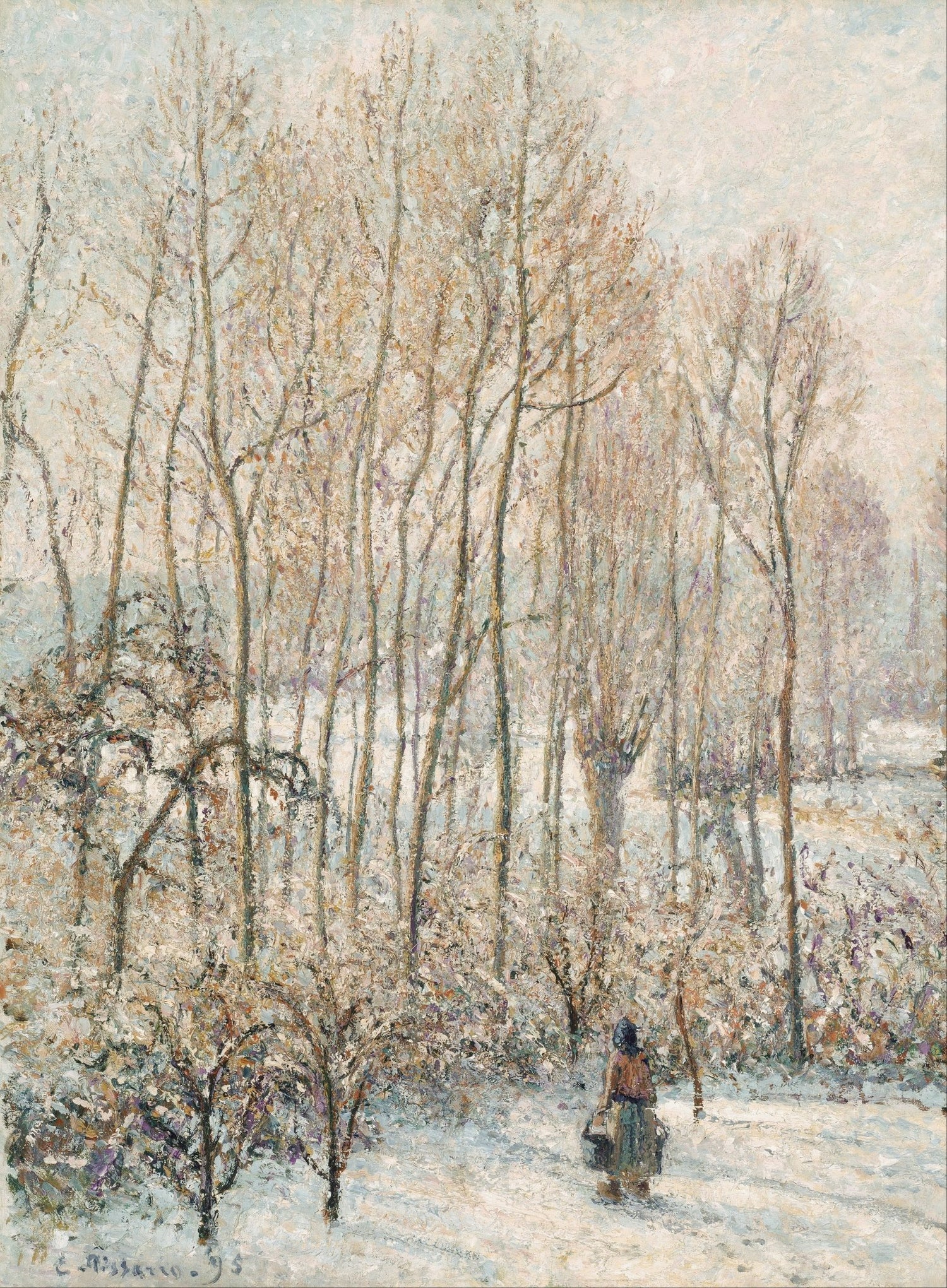 Landscape oil painting of a snowy forest path with bare trees, morning light filtering through textured brushwork on oil on. - Add Frame, Canvas, Forest, Hand Painted, Landscape, Made To Order, Oil Painting, Road, Sunrise, Winter