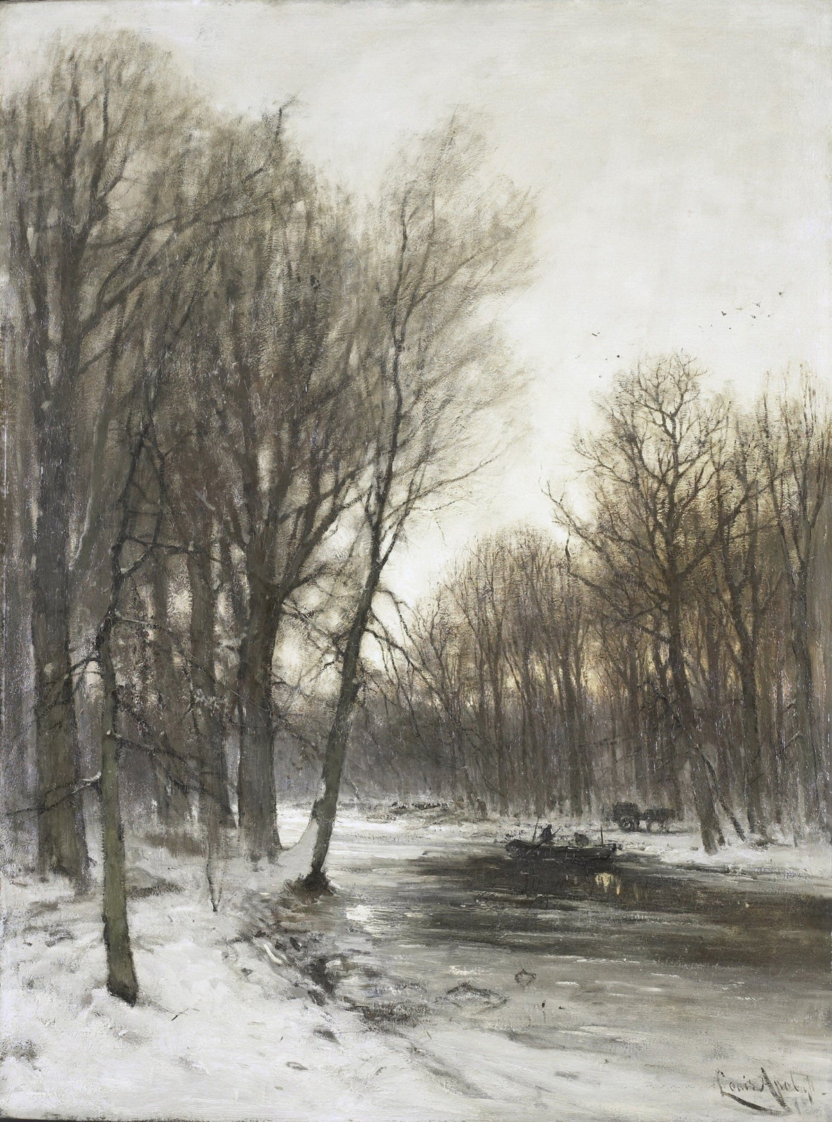 Hand painted landscape oil painting on canvas depicting a snowy river bordered by bare winter trees with textured brushwork. - Add Frame, Canvas, Country, Forest, Hand Painted, Landscape, Made To Order, Oil Painting, River, Winter