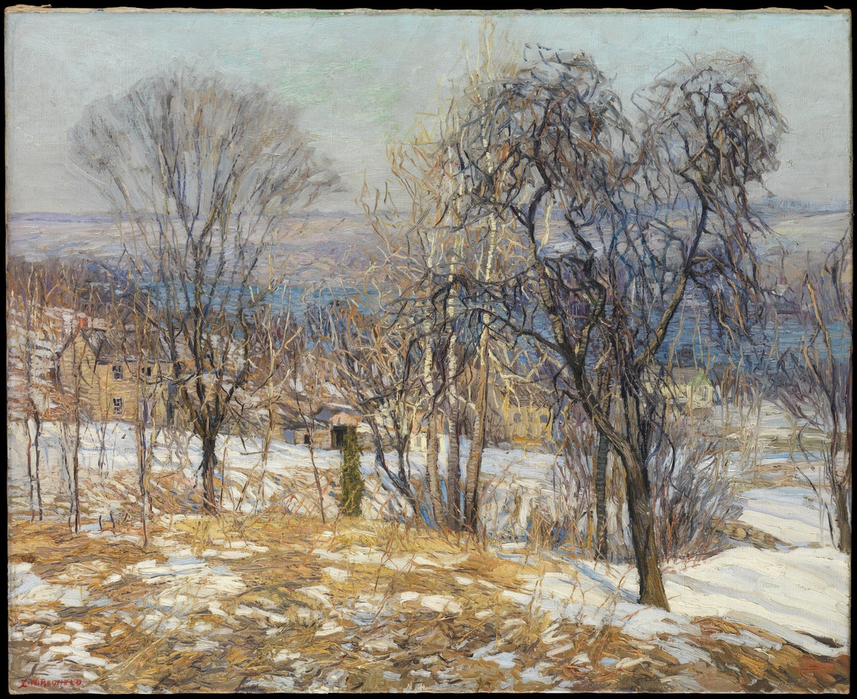 Hand painted landscape oil painting of snowy valley with bare trees and village, textured brushwork on canvas. - Add Frame, Canvas, Country, Forest, Hand Painted, Landscape, Made To Order, Mountain, Oil Painting, Village, Winter
