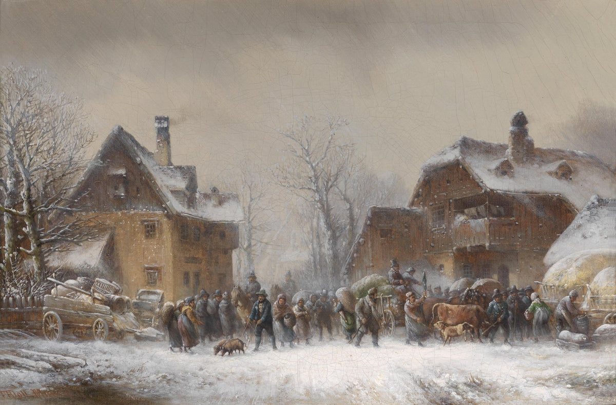 Snowy Village Market Scene with Farmers - People Oil Painting - Oil Painting Haven