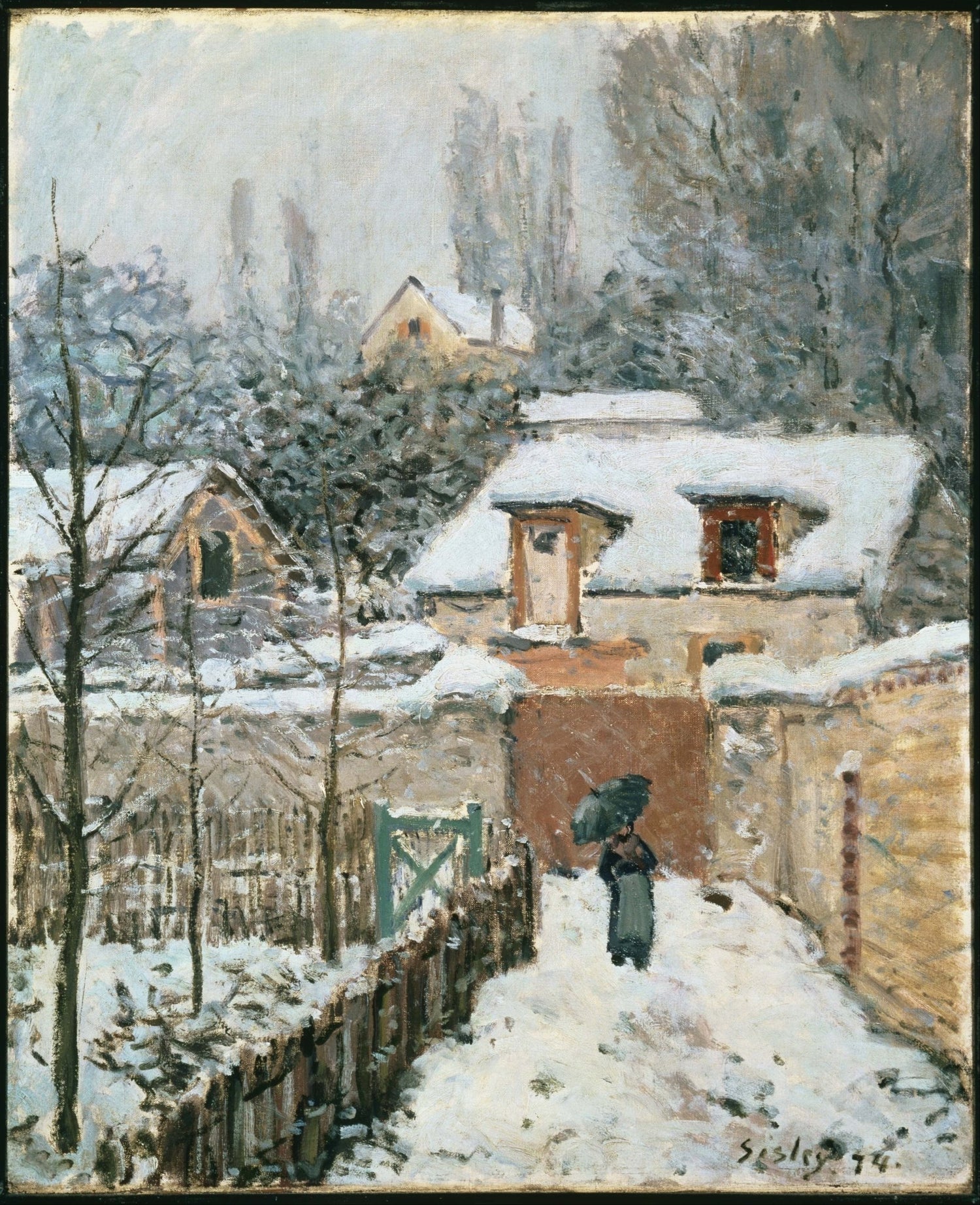 Landscape oil painting of a snowy village path with rustic houses surrounded by bare trees, oil on canvas with textured. - Add Frame, Canvas, Country, Forest, Hand Painted, Landscape, Made To Order, Oil Painting, Road, Village, Winter