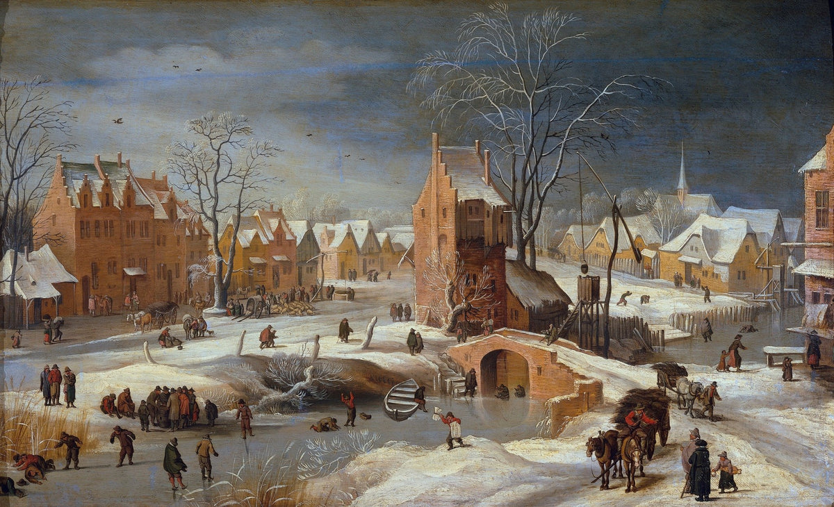 Hand painted landscape oil painting on canvas of a snowy village with winter skaters, textured brushwork captures detailed. - Add Frame, Canvas, Figure, Forest, Hand Painted, Landscape, Made To Order, Oil Painting, Village, Winter