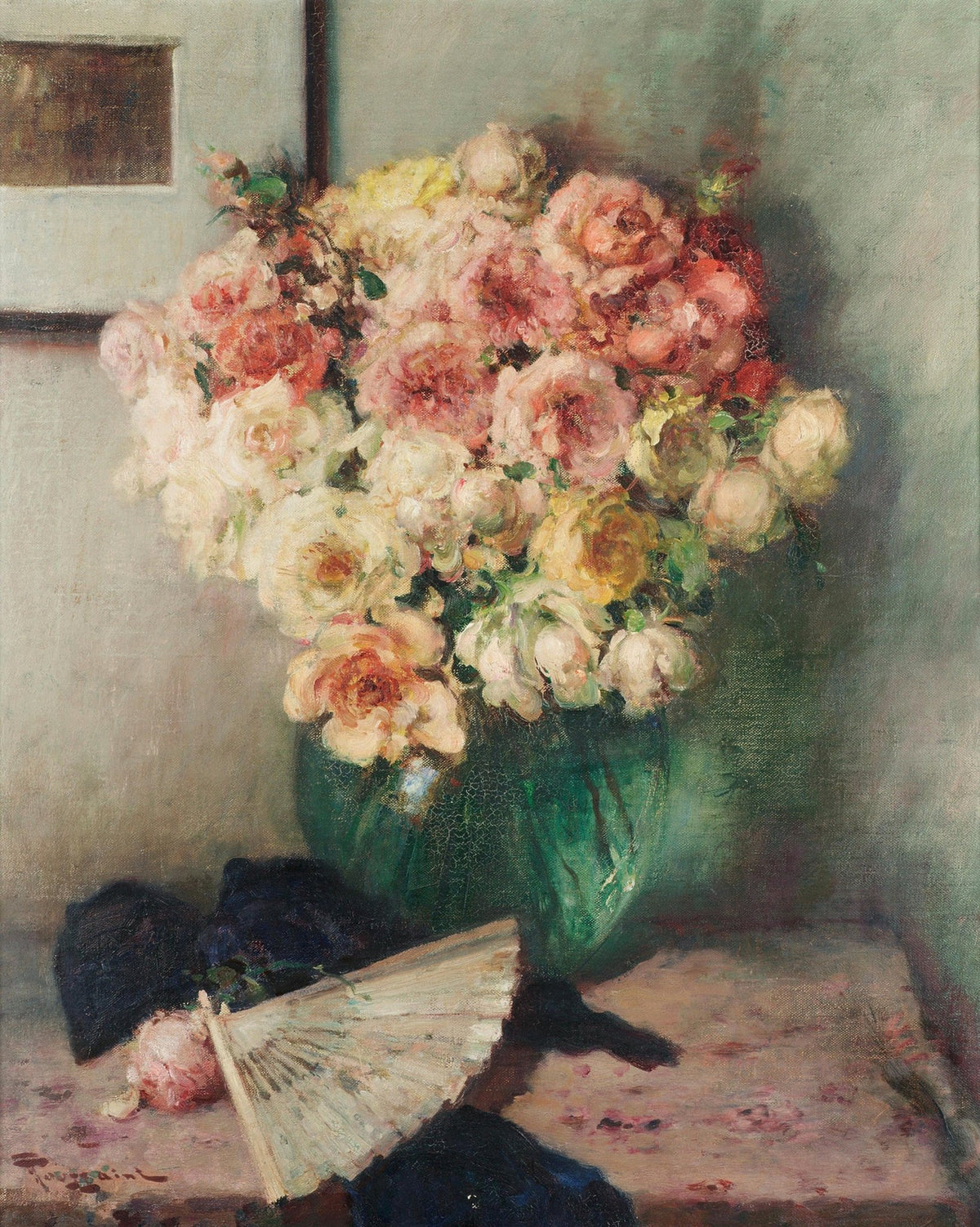 Soft Pink Rose Bouquet in Green Vase – Floral Oil Painting - Oil Painting Haven