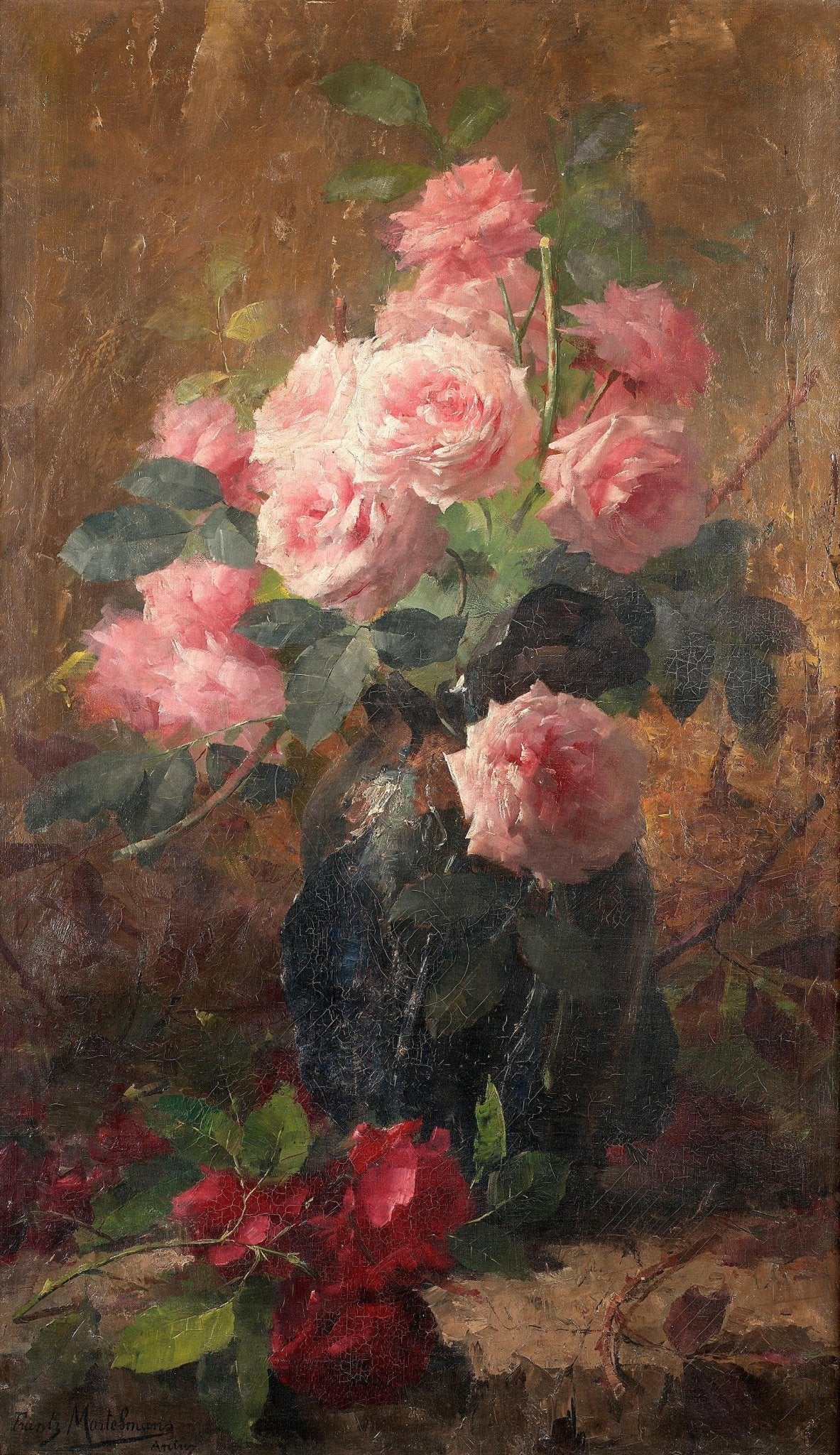 Soft Pink Roses in Dark Vase Still Life – Floral Oil Painting - Oil Painting Haven
