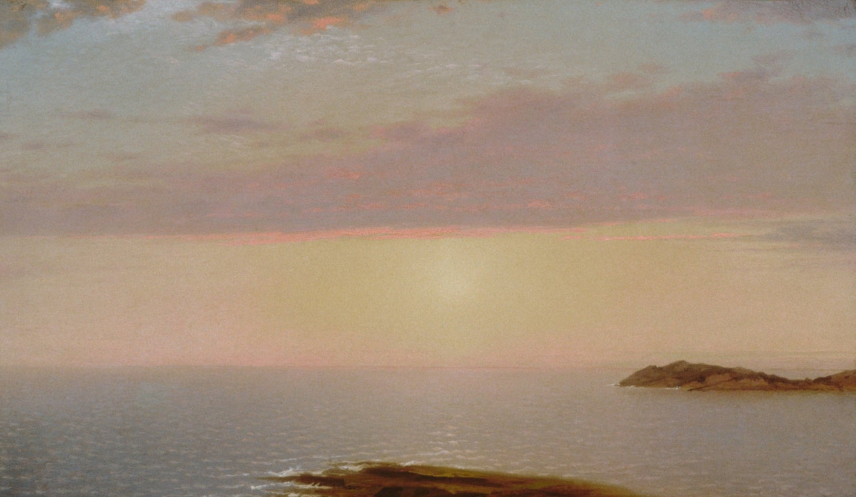 Landscape oil painting of soft pink and lavender sunset over calm sea with distant island, textured brushwork on canvas. - Add Frame, Canvas, Coastal, Hand Painted, Landscape, Made To Order, Oil Painting, Seascape, Sunset