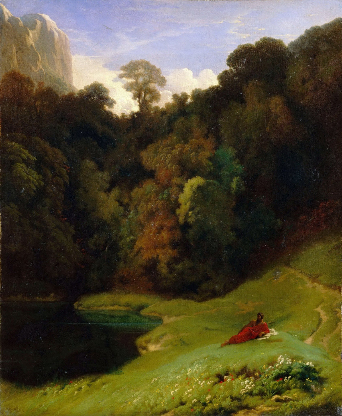 Landscape oil painting with textured brushwork depicting dense forest trees by a calm lake and a solitary figure in red. - Add Frame, Canvas, Figure, Forest, Hand Painted, Lake, Landscape, Made To Order, Oil Painting