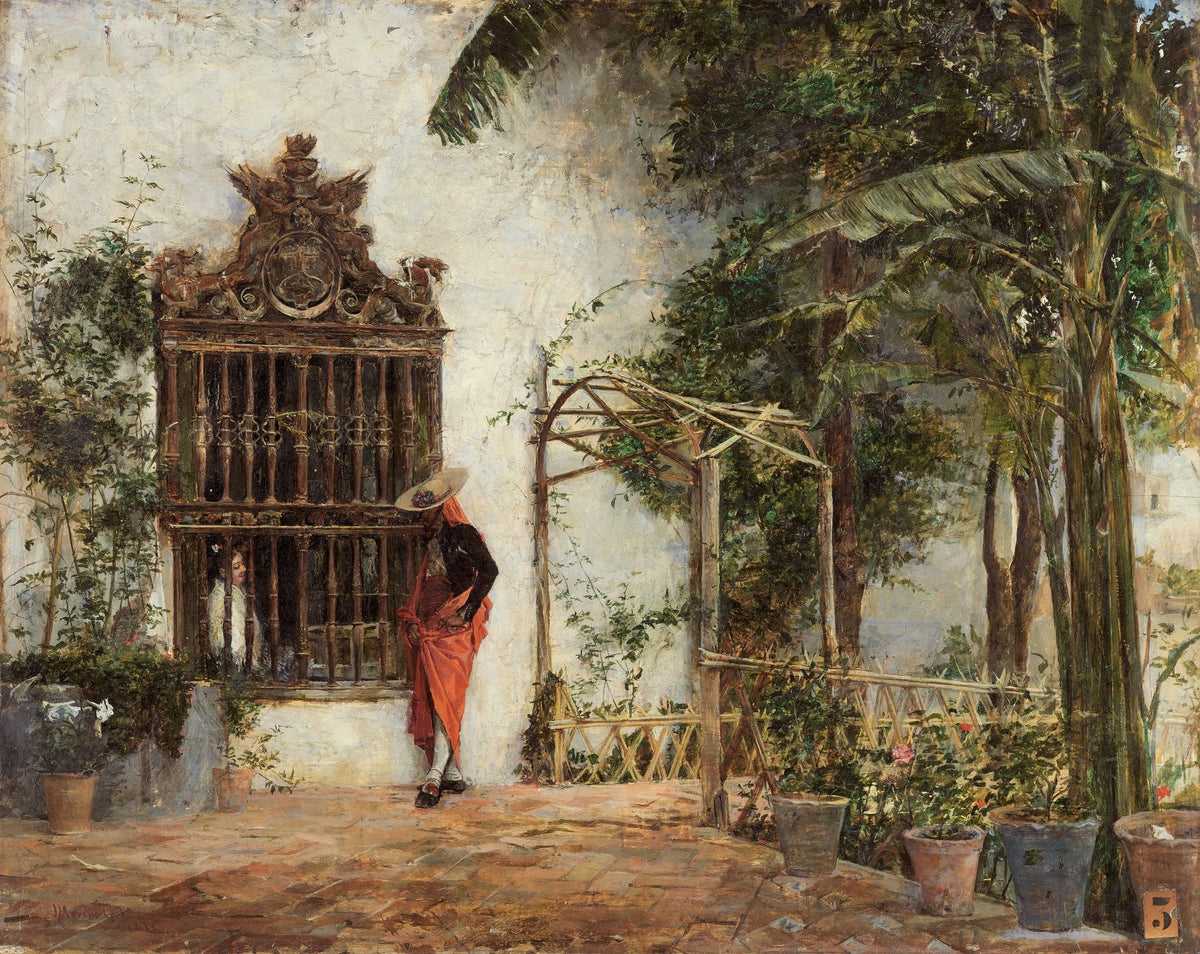 Landscape oil painting of a Spanish courtyard with a woman in red standing by an ornate window grille, textured brushwork. - Add Frame, Canvas, Figure, Garden, Hand Painted, Landscape, Made To Order, Oil Painting