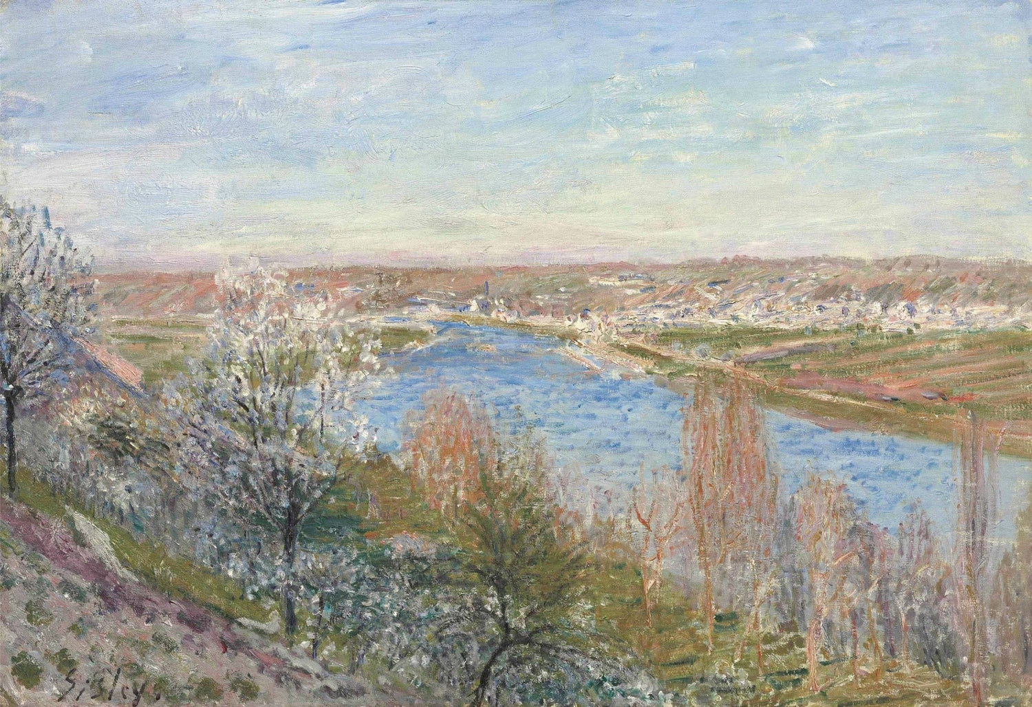 Hand painted oil on canvas landscape oil painting of spring river valley with blossoming trees and textured brushwork. - Add Frame, Canvas, Forest, Hand Painted, Landscape, Made To Order, Mountain, Oil Painting, River, Village