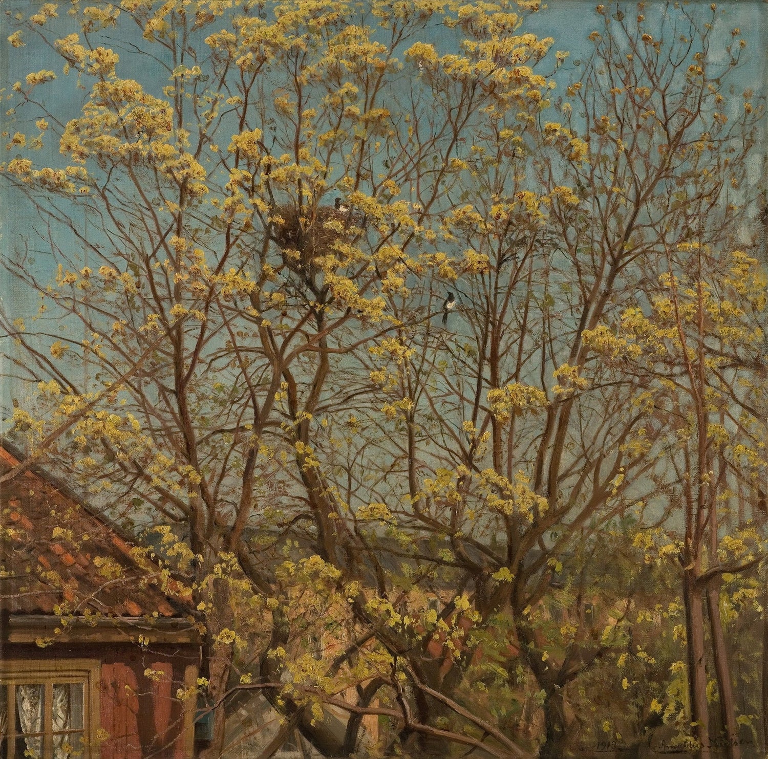 Landscape oil painting with hand painted oil on canvas showing spring trees with yellow blossoms above a village roof,. - Add Frame, Canvas, Floral, Forest, Hand Painted, Landscape, Made To Order, Oil Painting, Village