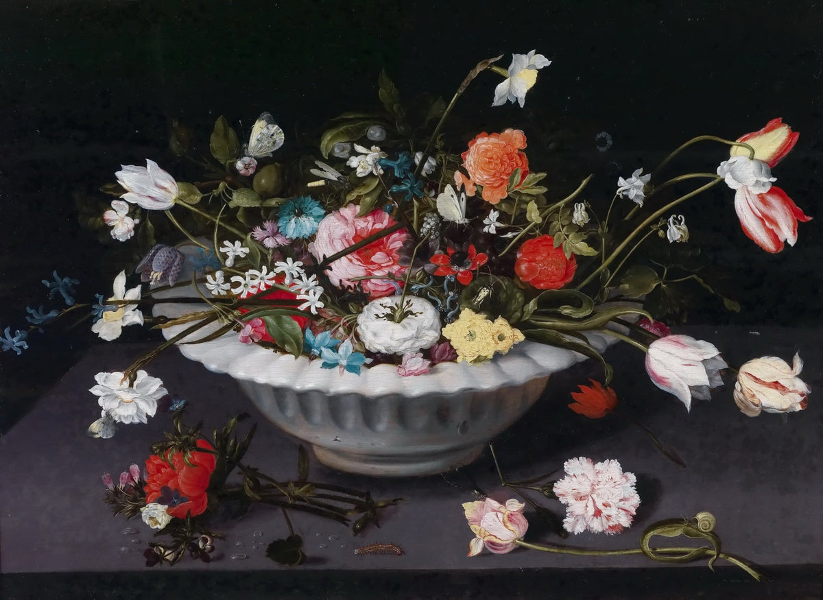 Still Life Flowers in Marble Bowl, Dutch Style - Floral Oil Painting - Oil Painting Haven