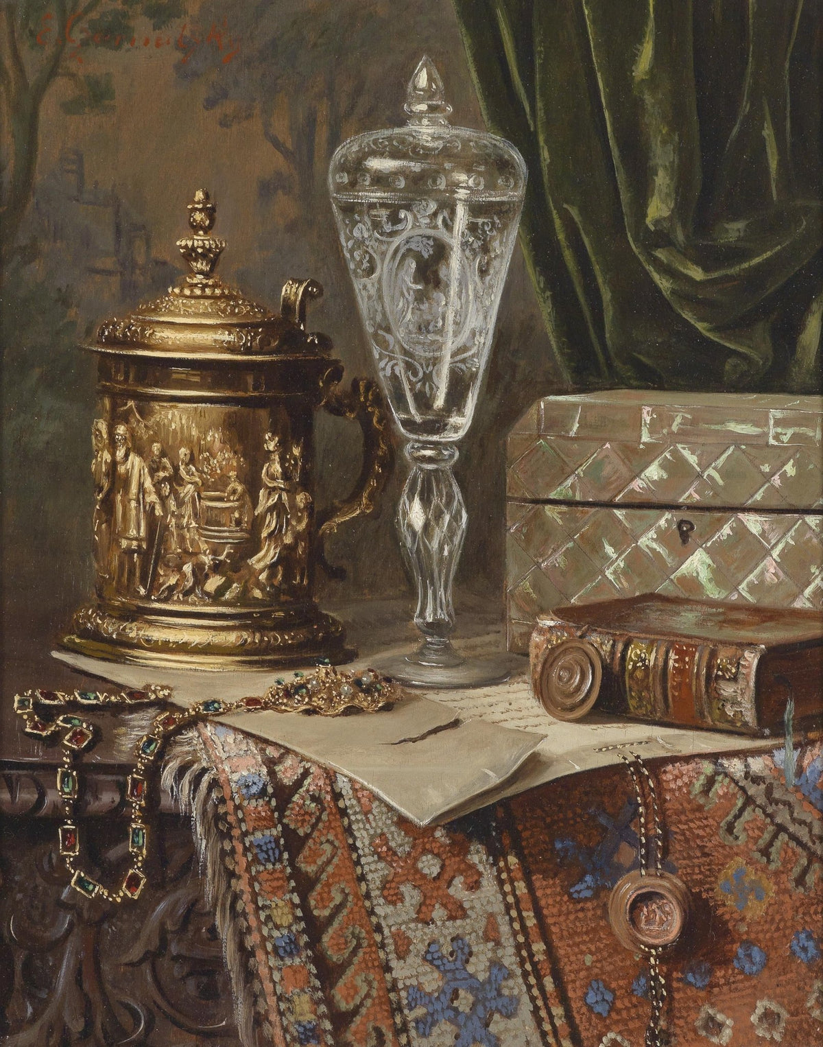 Still Life Oil Painting - Antique Goblet and Jewelry - Oil Painting Haven