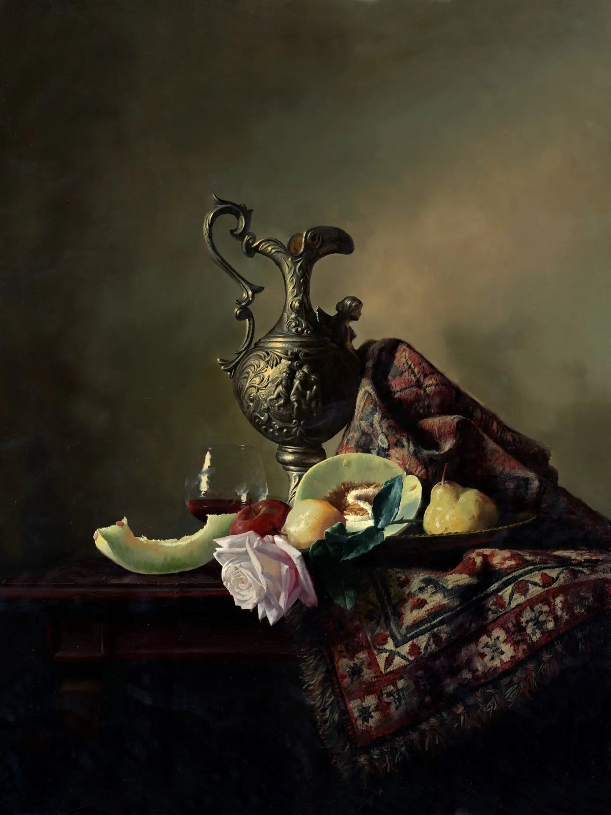 Still Life Oil Painting - Antique Pitcher, Fruits and Rose - Oil Painting Haven