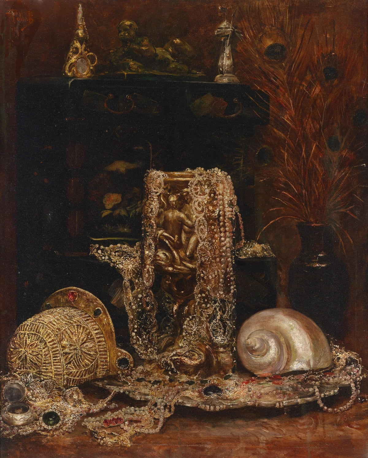 Still Life Oil Painting - Antique Treasures and Pearls - Oil Painting Haven