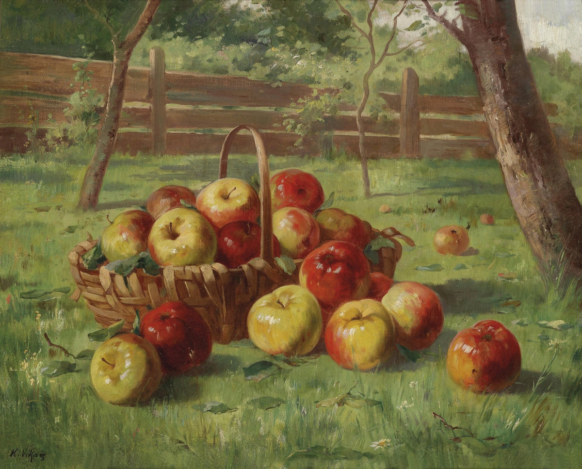 Still Life Oil Painting - Apple Basket in Garden - Oil Painting Haven
