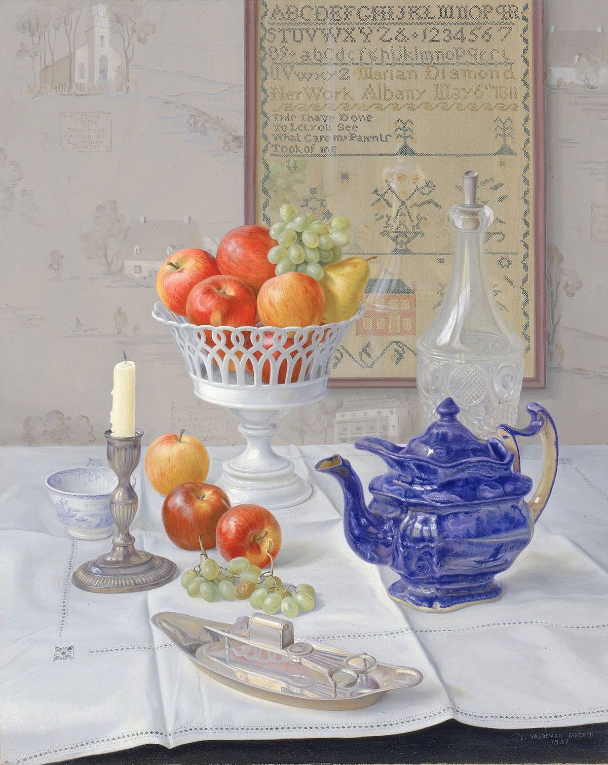 Still Life Oil Painting - Apples and Blue Teapot - Oil Painting Haven