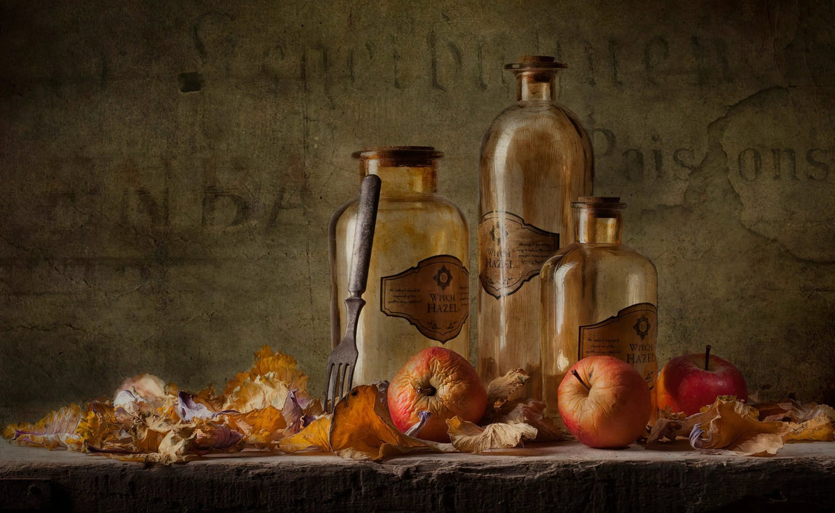 Still Life Oil Painting - Apples, Glass Bottles and Leaves - Oil Painting Haven