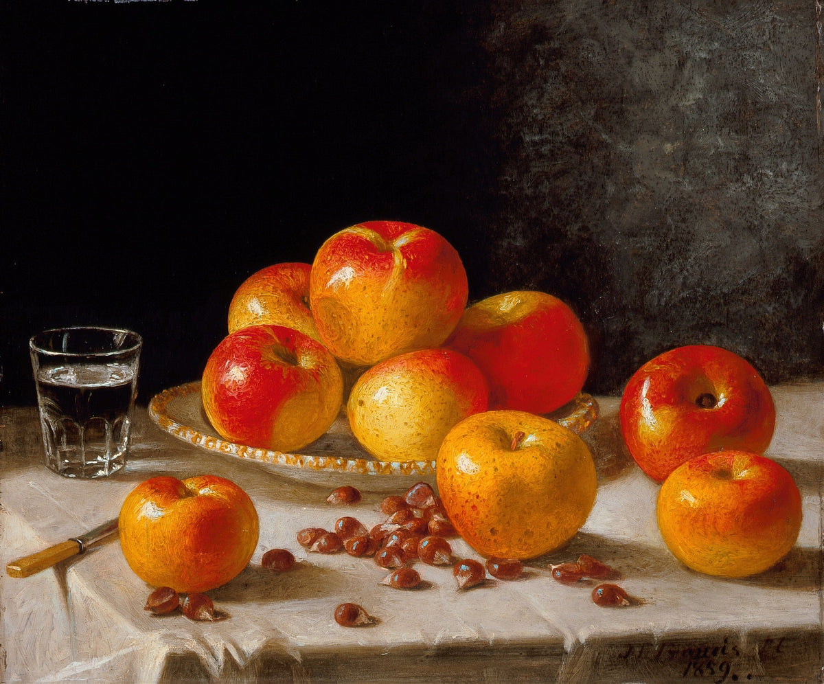 Still Life Oil Painting - Apples on Plate with Glass - Oil Painting Haven