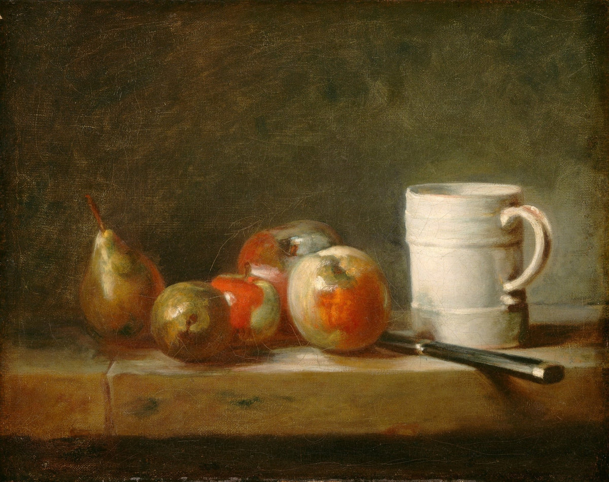 Still Life Oil Painting - Apples, Pear and White Mug - Oil Painting Haven