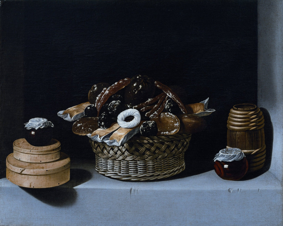Still Life Oil Painting - Basket of Pastries and Honey - Oil Painting Haven