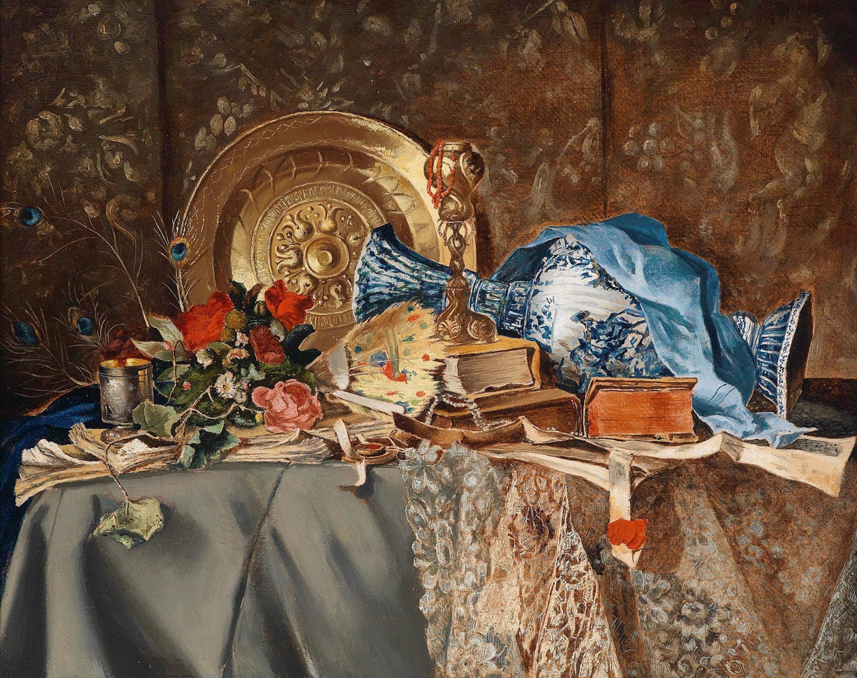 Still Life Oil Painting - Books, Flowers and Blue Vase - Oil Painting Haven