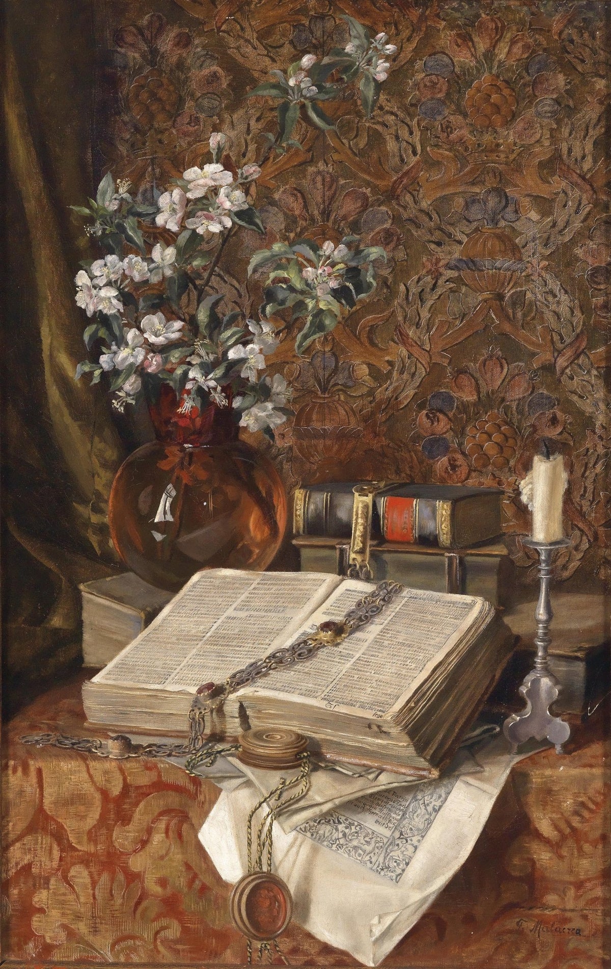 Still Life Oil Painting - Books, Flowers and Candle - Oil Painting Haven