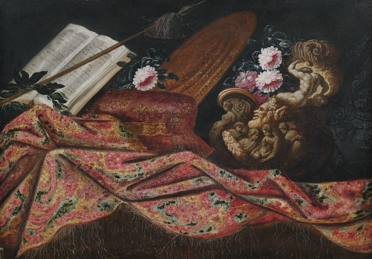 Still Life Oil Painting - Books, Helmet and Carved Vase - Oil Painting Haven