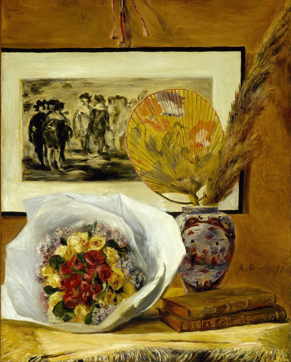Still Life Oil Painting - Bouquet, Fan and Books - Oil Painting Haven