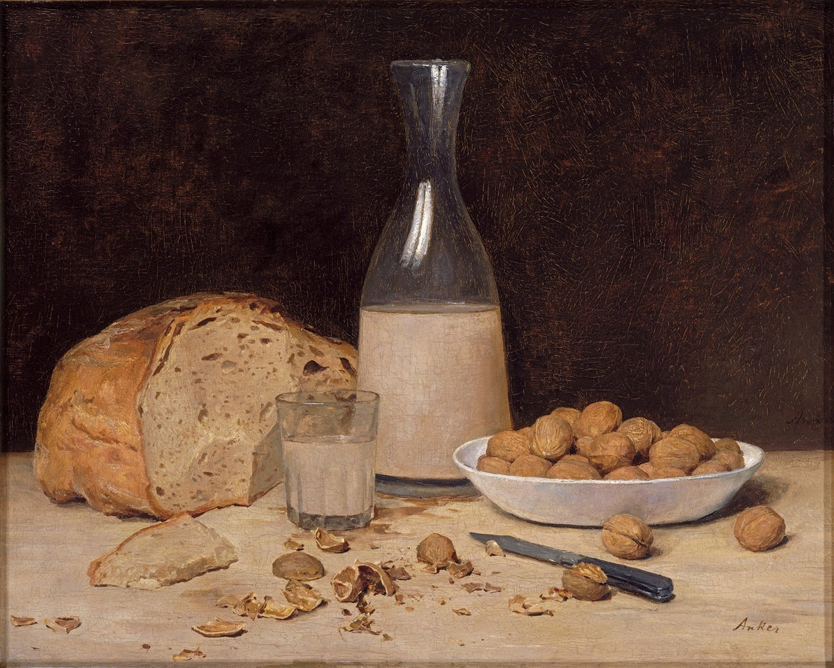 Still Life Oil Painting - Bread, Milk and Walnuts - Oil Painting Haven