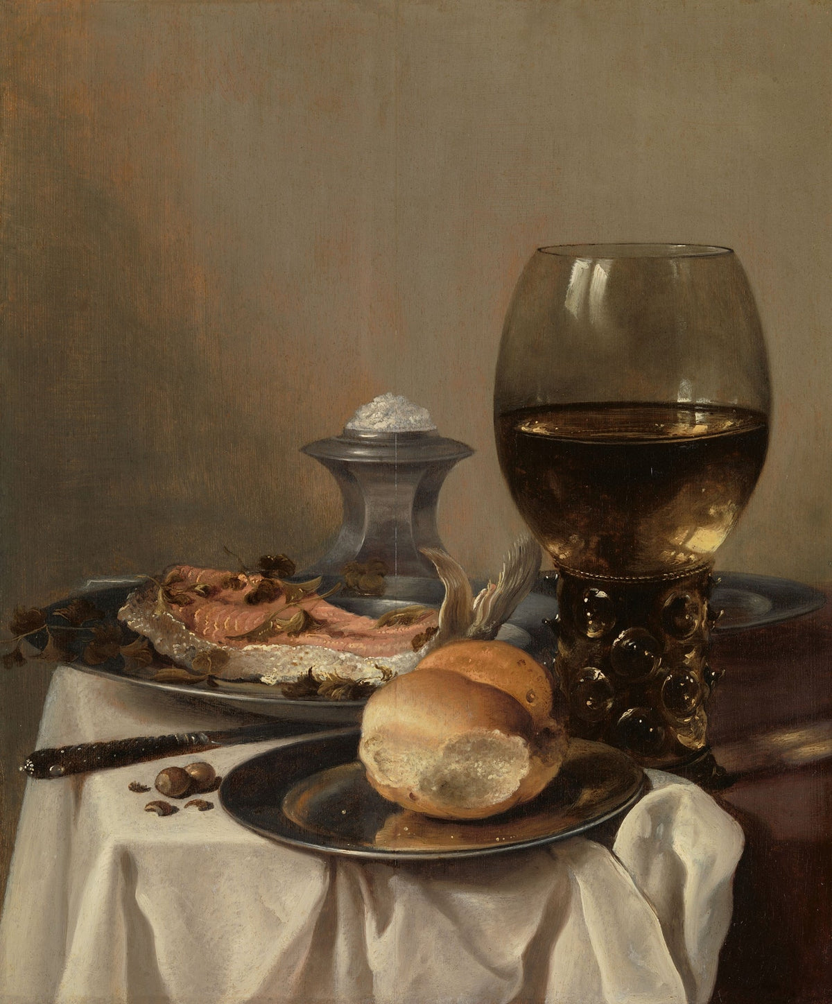 Still Life Oil Painting - Bread, Wine Glass and Ham - Oil Painting Haven
