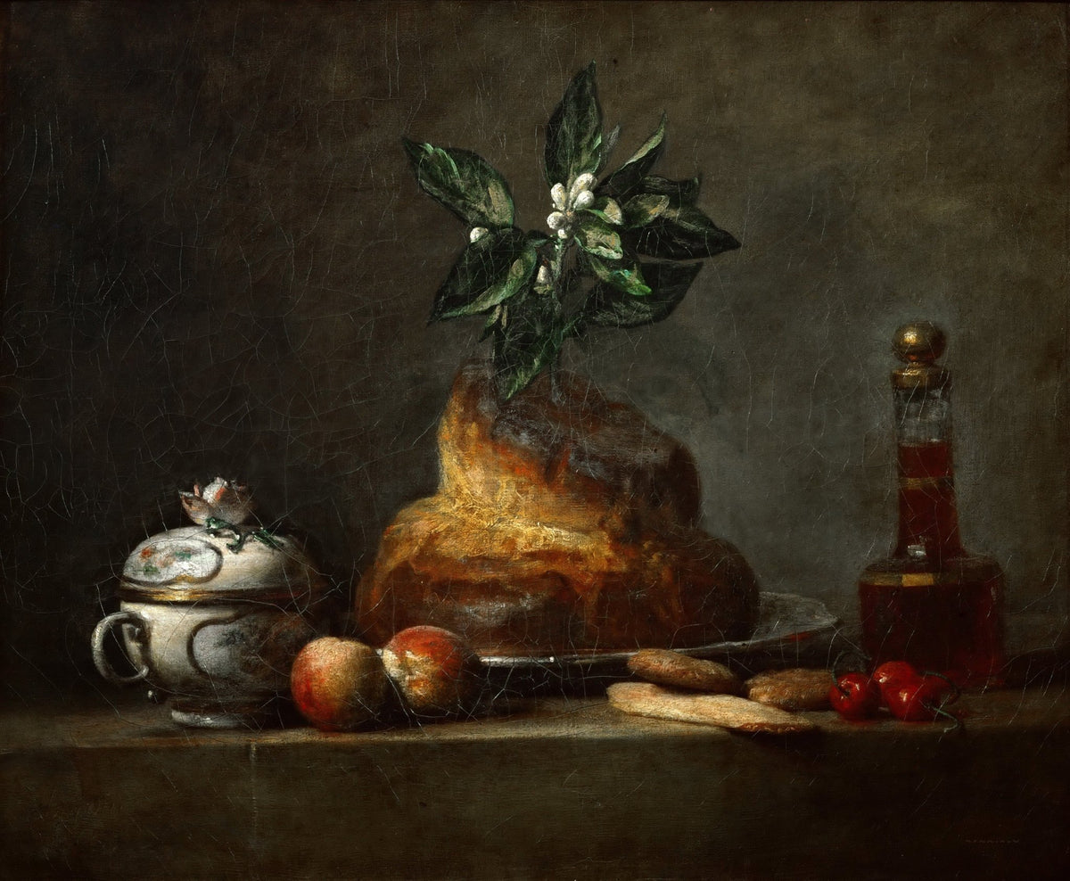 Still Life Oil Painting - Cake, Fruit and Glass Bottle - Oil Painting Haven