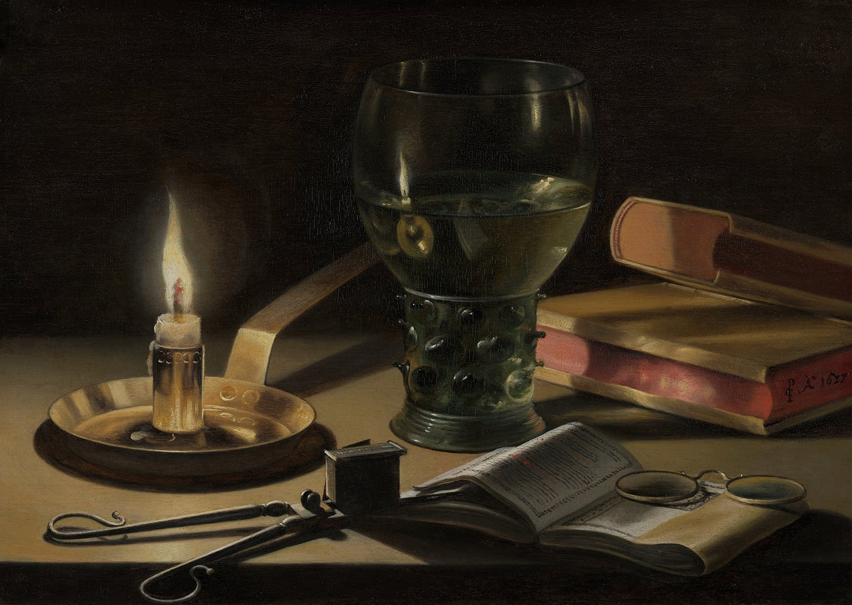 Still Life Oil Painting - Candle, Books and Wine Glass - Oil Painting Haven