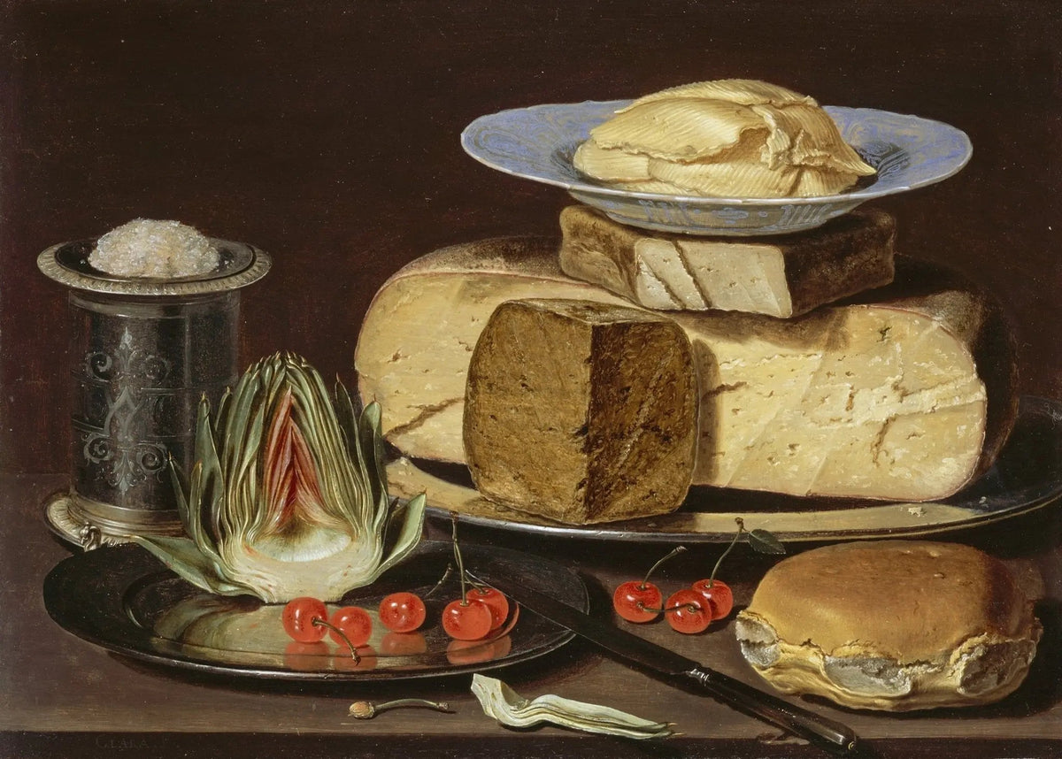 Still Life Oil Painting - Cheese, Artichoke and Cherries - Oil Painting Haven