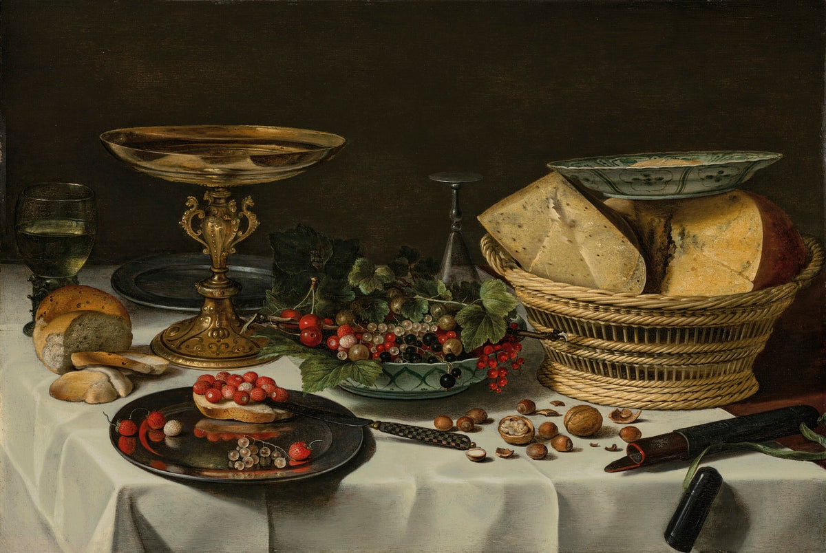 Still Life Oil Painting - Cheese, Bread and Berries - Oil Painting Haven