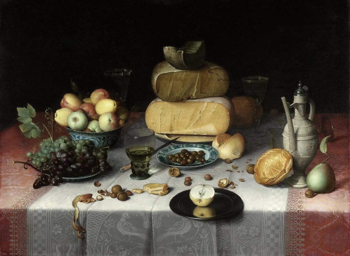Still Life Oil Painting - Cheese, Fruits and Tableware - Oil Painting Haven