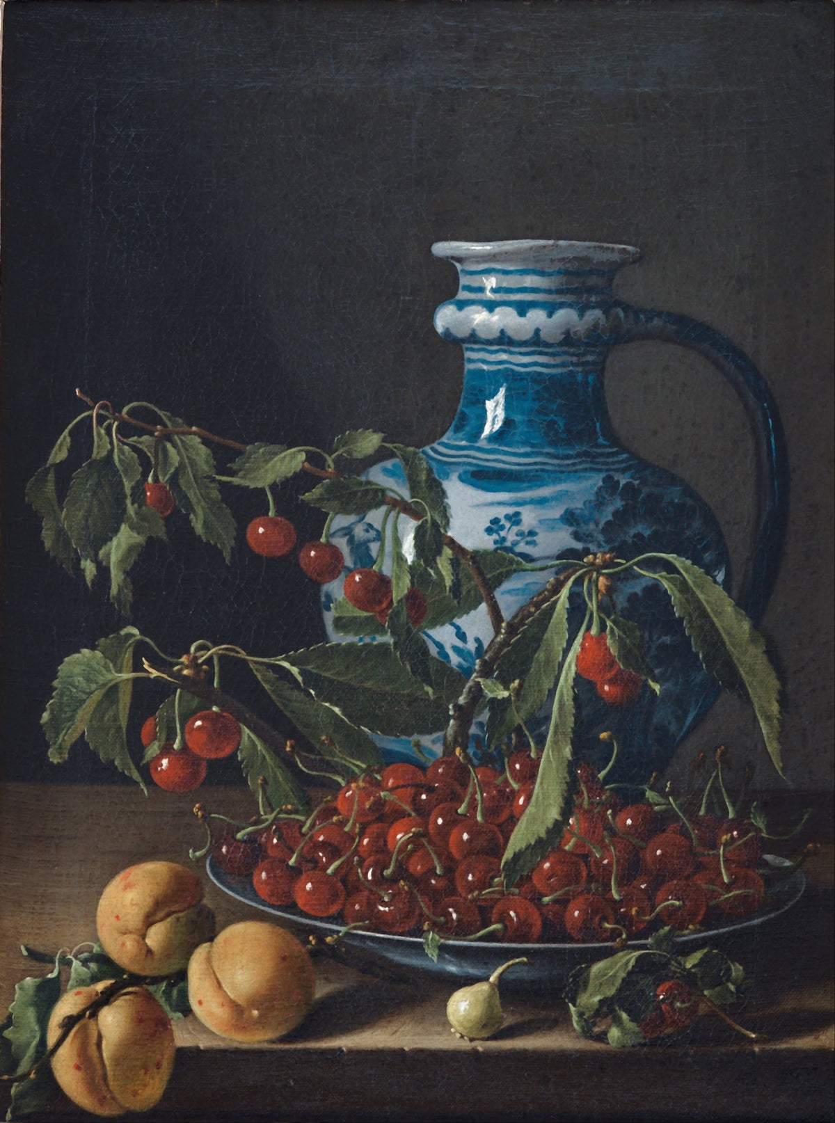 Still Life Oil Painting - Cherries and Blue Ceramic Vase - Oil Painting Haven