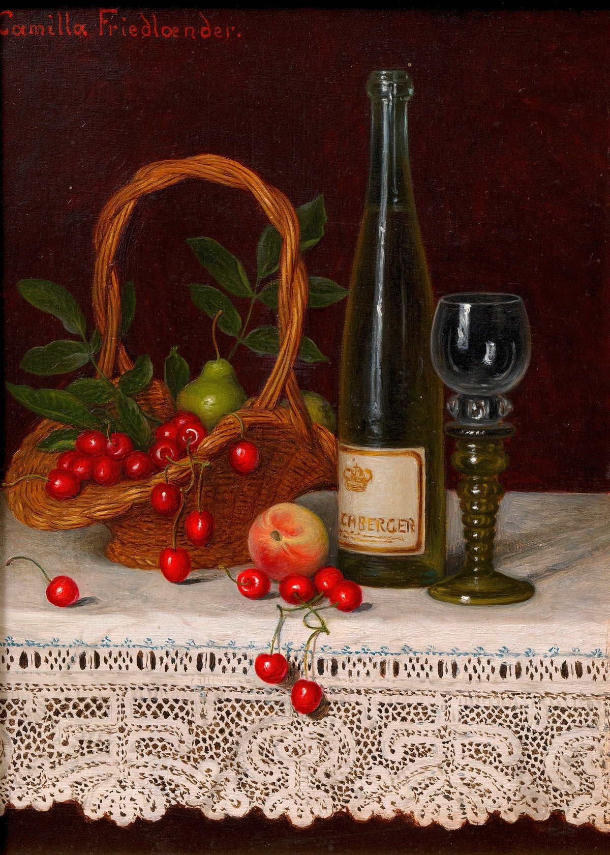 Still Life Oil Painting - Cherries, Pear and Wine Bottle - Oil Painting Haven