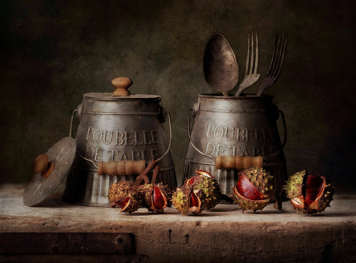 Still Life Oil Painting - Chestnuts and Vintage Metal Containers - Oil Painting Haven