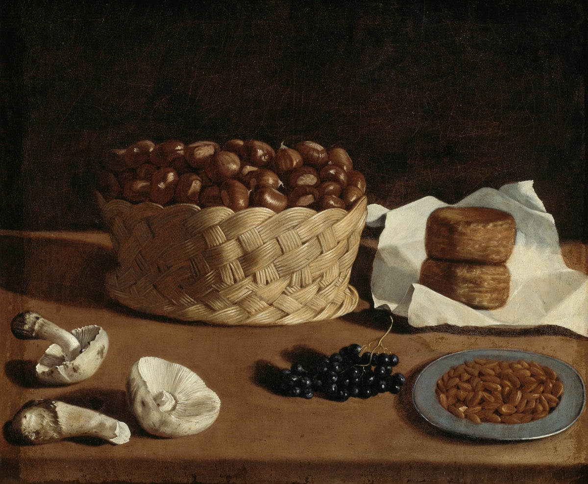 Still Life Oil Painting - Chestnuts, Cheese and Grapes - Oil Painting Haven
